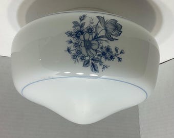 Vintage Milk Glass - Blue Floral Light Shade - 4” Fitter -