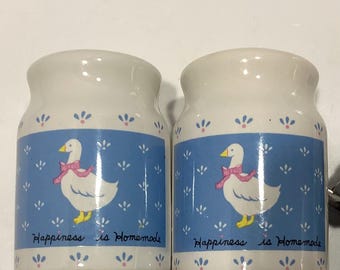 Pair of Vintage Blue Goose Salt & Pepper Shakers - Happiness is Homemade- W.A. 1987