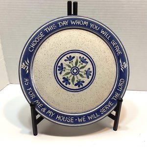 Vintage Freestone Pottery Scripture Plate - Hand-signed & Dated 1990 - Joshua 24:15 - Blue and White