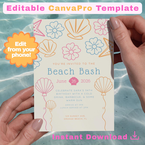 Beach Birthday Invitation Template | Summer Beach Bash Birthday Party Invite | Editable Coastal Shell Invitation | CanvaPro Digital Download