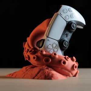 Könnte beinhalten: Ein weiß-schwarzer Videospiel-Controller ruht in einem orangefarbenen, tintenfischförmigen Ständer. Der Controller hat mehrere Tasten und Richtungspads. Der Ständer hat eine strukturierte Oberfläche und Saugnäpfe.