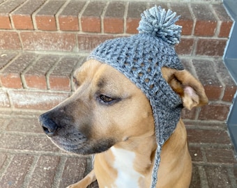 Crochet Striped Dog Hat with Pom Pom, Earflaps, and Braids. Fur Baby Gift, Cute Dog Hat [Heather Grey & Soft Grey Mix]