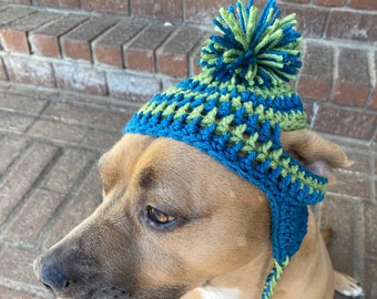 Crochet Striped Dog Hat with Pom Pom, Earflaps, and Braids. Fur Baby Gift, Cute Dog Hat [Tea Leaf & Ocean]