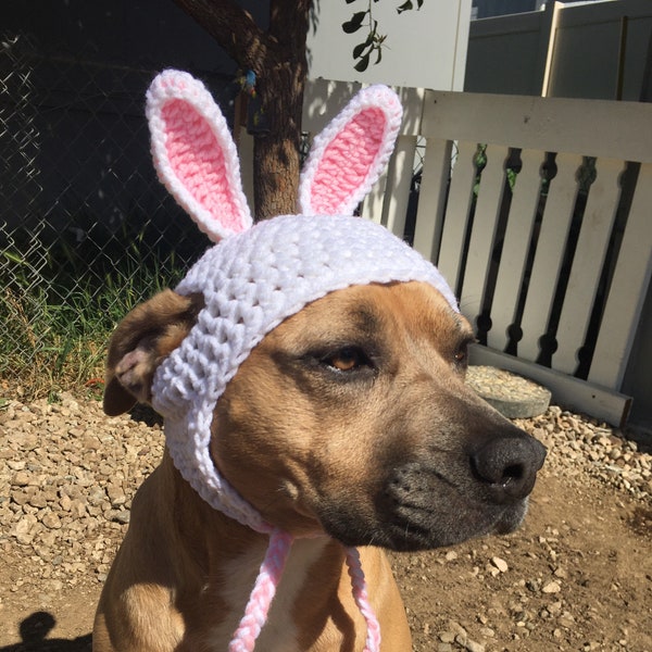 Crochet Easter Bunny Dog Hat with Standing Ears, Earflaps, and Braids.  Warm Dog Hat, Fur Baby Gift, Cute Dog Hat [White & Soft Pink]