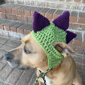 Crochet Dinosaur Dog Hat with Spikes, Earflaps and Braids.  Warm Dog Hat, Fur Baby Gift, Cute Dog Hat [Tea Leaf & Deep Violet]