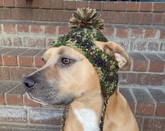 Crochet Striped Dog Hat with Pom Pom, Earflaps, and Braids. Fur Baby Gift, Cute Dog Hat [Camo & Cafe]