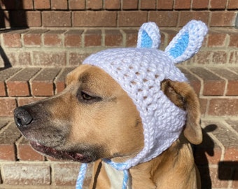 Crochet Easter Bunny Dog Hat with Standing Ears, Earflaps, and Braids.  Warm Dog Hat, Fur Baby Gift, Cute Dog Hat [White & Light Blue]