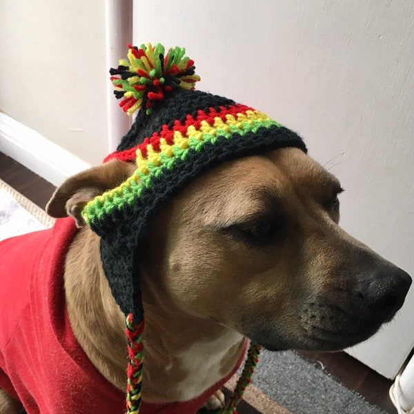 Crochet Rasta Striped Dog Hat with Pom Pom. Warm Dog Hat, Fur Baby Gift, Cute Dog Hat [Black, Cherry Red, Bright Yellow, & Spring Green]