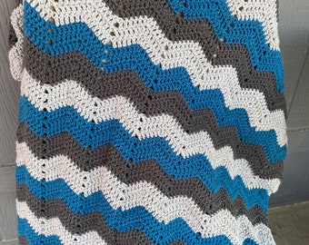 Crochet Baby Blanket, Ripple Blanket, Chevron Blanket, Lap Afghan, Baby Shower Gift - 36” x 36” [Charcoal, Ocean, and Soft Grey Mix]