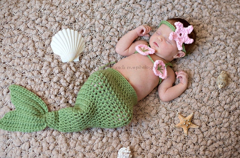 Crochet Mermaid Set for Baby Girl.  Photography Prop, Size Newborn, Infant, Toddler [Tea Leaf & Soft Pink] 