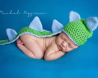 50% OFF SALE - Crochet Dinosaur Hat with Long Tail  Spikes Photography Prop - Sizes Newborn and 0-3 Months - Spring Green & Light Blue