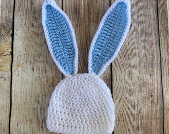 Crochet Easter Bunny Hat with Floppy Ears for Baby Girl, Baby Boy.  Photography Prop, Newborn, Infant, Child Sizes [White & Light Blue]