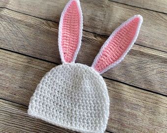 Crochet Easter Bunny Hat with Floppy Ears for Baby Girl, Baby Boy.  Photography Prop, Newborn, Infant, Child Sizes [White & Soft Pink]