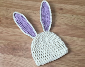 Crochet Easter Bunny Hat with Floppy Ears for Baby Girl, Baby Boy.  Photography Prop, Newborn, Infant, Child Sizes [White & Pale Plum]