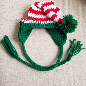 Crochet Elf Dog Hat with Earflaps and Braids, Santa Dog Hat, Dog Christmas Hat. Fur Baby Gift, Cute Dog Hat [Cherry Red, White & Green]