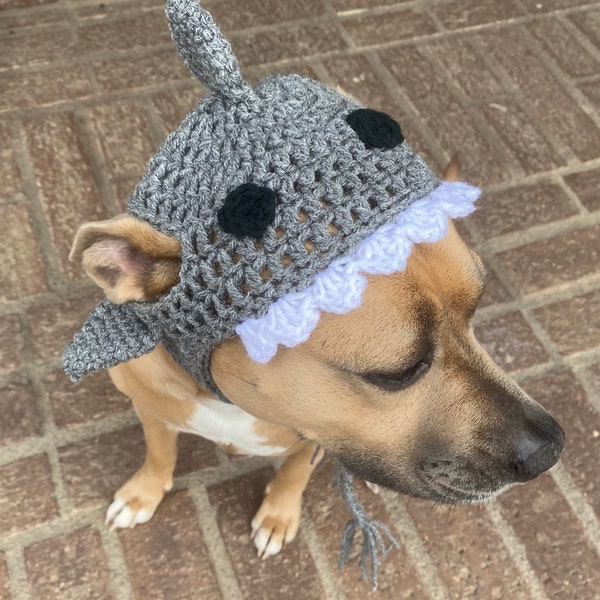 Crochet Shark Dog Hat with Fins, Teeth, Eyes, Earflaps and Braids.  Warm Dog Hat, Fur Baby Gift, Cute Dog Hat [Heather Grey, White, & Black]