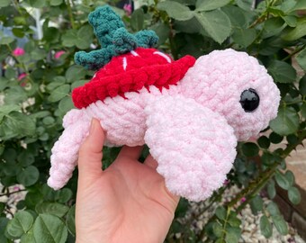 Crochet Strawberry Turtle Plushie - Cute Turtle Plushie with Strawberry, 6” x 9” x 9.5”