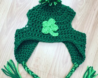 Crochet Shamrock Dog Hat, St. Patrick’s Day Dog Hat with Earflaps and Braids.  Fur Baby Gift, Cute Dog Hat [Paddy Green & Spring Green]