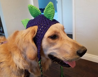 Crochet Dinosaur Dog Hat with Spikes, Earflaps and Braids.  Warm Dog Hat, Fur Baby Gift, Cute Dog Hat [Soft Navy & Spring Green]