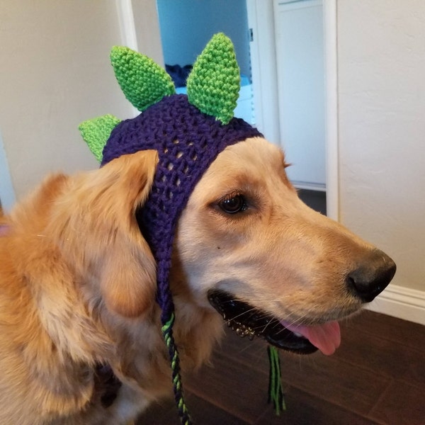 Crochet Dinosaur Dog Hat with Spikes, Earflaps and Braids.  Warm Dog Hat, Fur Baby Gift, Cute Dog Hat [Soft Navy & Spring Green]