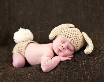 Crochet Easter Bunny Hat with Floppy Ears and Diaper Cover with Fluffy Tail.  Photography Prop, Newborn and Infant Sizes [Buff & Aran]