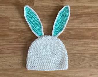 Crochet Easter Bunny Hat with Floppy Ears for Baby Girl, Baby Boy.  Photography Prop, Newborn, Infant, Child Sizes [White & Minty]