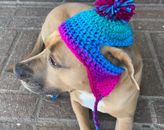 Crochet Striped Dog Hat with Pom Pom, Earflaps, and Braids. Fur Baby Gift, Cute Dog Hat [Polo Stripes]