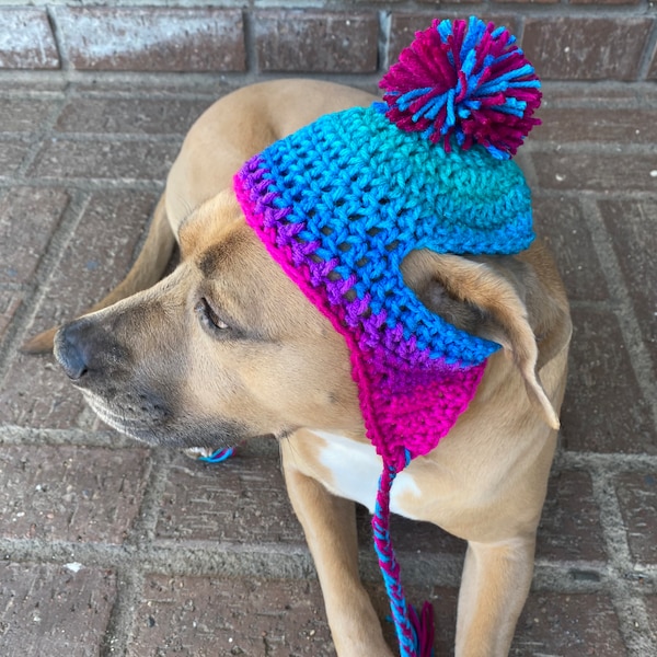 Crochet Striped Dog Hat with Pom Pom, Earflaps, and Braids. Fur Baby Gift, Cute Dog Hat [Polo Stripes]