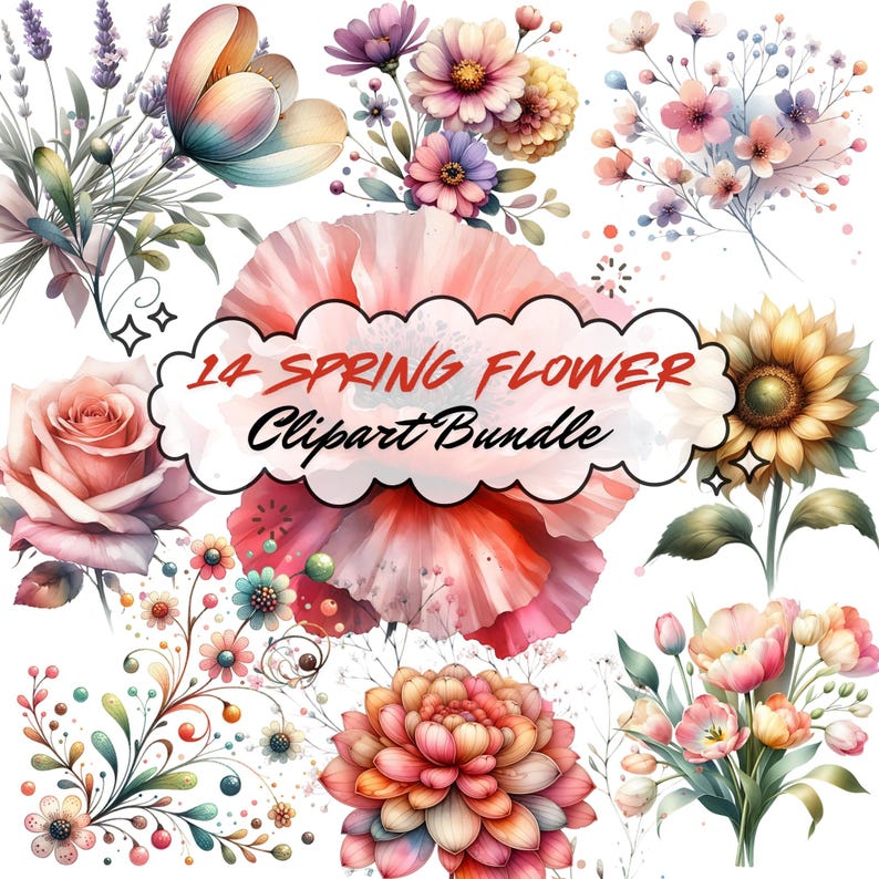 Whimsical Spring Flower Clipart Bundle | Cute Watercolor Floral PNG ...