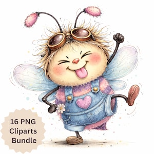 Può includere: Un personaggio di ape dei cartoni animati stravagante con un'espressione gioiosa, che indossa una tuta di jeans con un cuore, occhiali e ali. L'immagine include il testo "16 PNG Cliparts Bundle". L'ape tira fuori la lingua e ha un fiore.