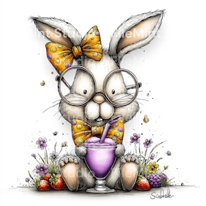 May include: A whimsical illustration of a bunny wearing glasses and bow ties, holding a purple drink with a straw. The bunny is surrounded by flowers, strawberries, and blackberries. The bow ties are yellow with purple polka dots.