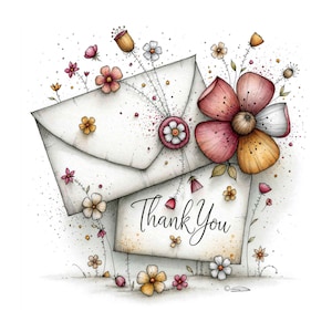 May include: A white envelope sealed with a pink wax stamp, accompanied by a card with the text Thank You. The illustration features delicate hand-drawn flowers in shades of pink, orange, and white, with fine black ink outlines and speckles.