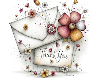 34 JPG Thank You Card Clipart, Watercolor Floral Card Making Graphics, Commercial Use Instant Download