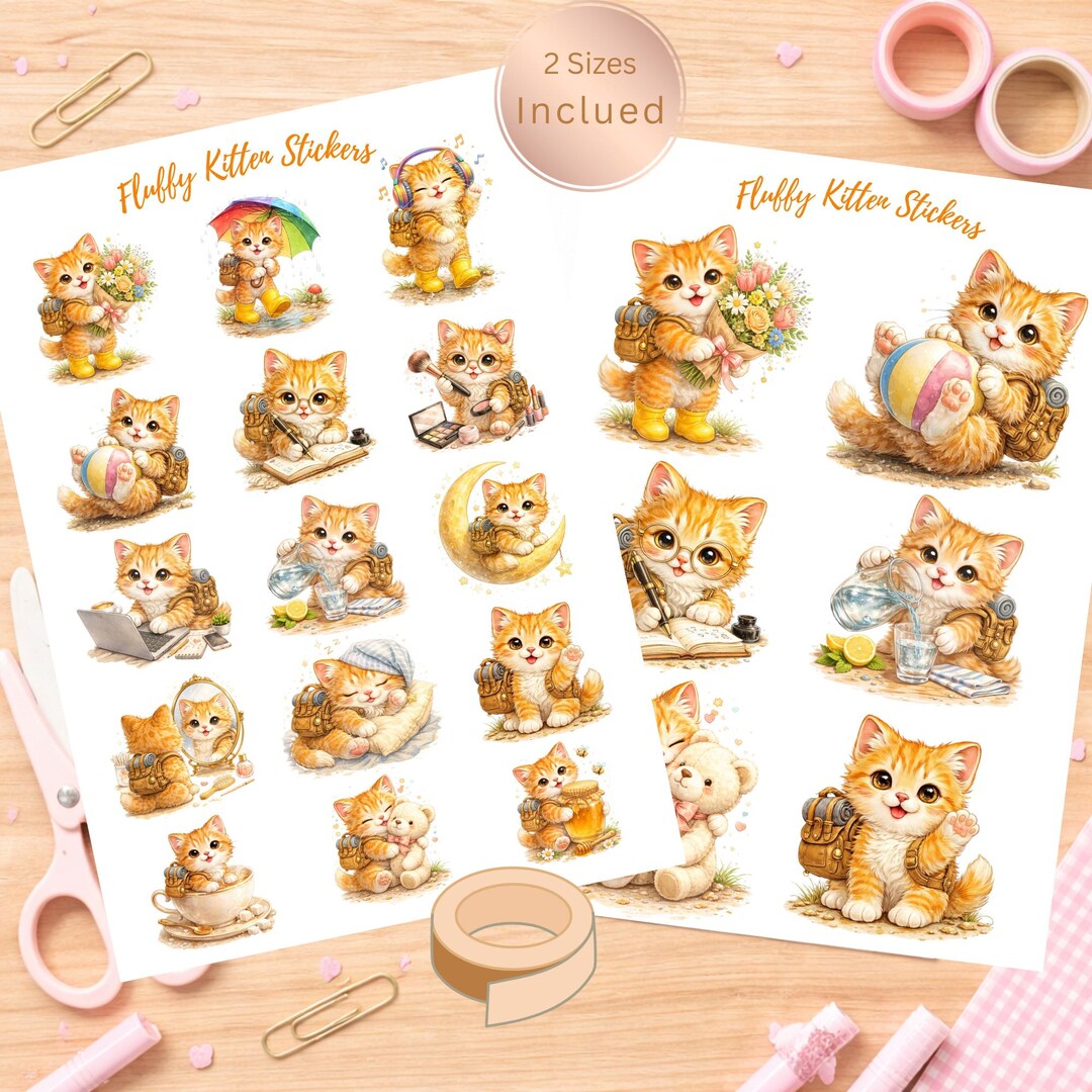 Fluffy Kitten Stickers | PNG Kawaii Cat Sticker Sheet | Printable ...