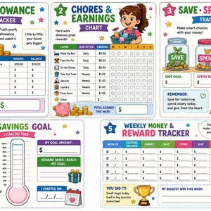 Op de afbeelding: Een set van vijf kleurrijke financiële trackingkaarten voor kinderen, waaronder My Allowance Tracker, Chores & Earnings Chart, Save-Spend-Give Tracker, My Savings Goal en Weekly Money & Reward Tracker, met cartoonillustraties en lege velden.
