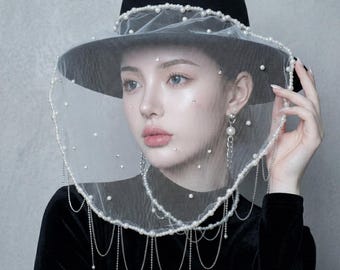 Black Pearl Veil Fedora Hat - Gothic Bridal Wedding Hat with Beaded Birdcage Veil, Elegant Funeral Headpiece, VictorianVintageStyleChurchHat