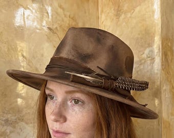 Distressed Black Fedora Hat | Wide Brim Burned Felt Hat with Feather | Boho Western Rancher Hat | Vintage Style Festival Accessories for Her