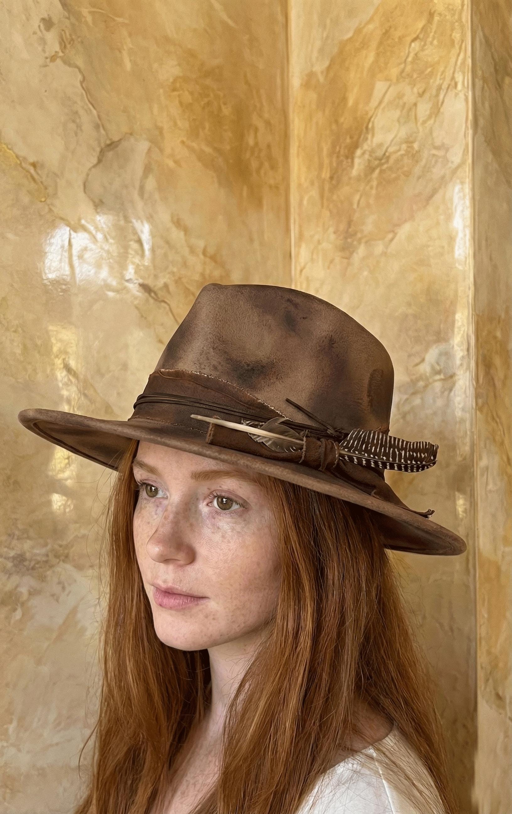 Distressed Black Fedora Hat | Wide Brim Burned Felt Hat With  display picture 3