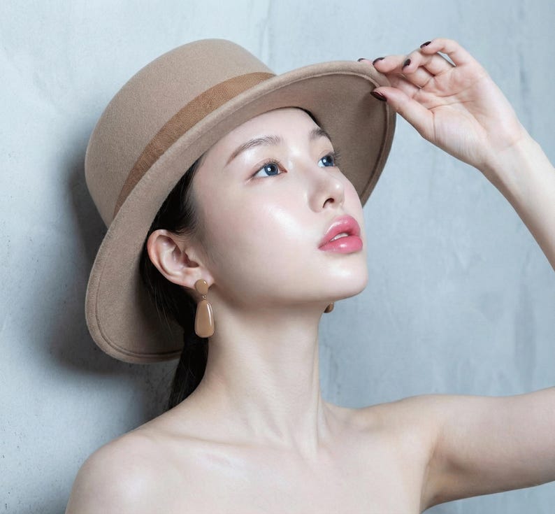 Stiff Ribbon Hat Beige Wool Felt Boater Hat, Wide Flat Brim Fedora With Ribbon, Western ...