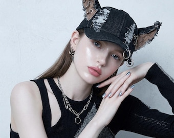 Punk Cat Ear Baseball Cap, Distressed Cyber Y2K Denim Hat, Grunge Gothic Hat with Piercing Rings, Handmade Harajuku Streetwear Accessory