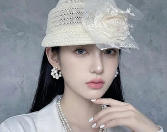 Coquette Lace Bucket Hat with Veil, Cream Knit Cloche, Cottagecore Flower Hat, Romantic Summer Hat, Soft Girl Aesthetic Gift