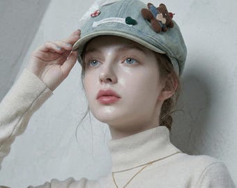 Kawaii Denim Beret with Teddy Bear and Lace Bow, Kidcore Aesthetic Newsboy Cap, Coquette Style Pastel Blue Hat, Cute Handmade Patchwork Cap