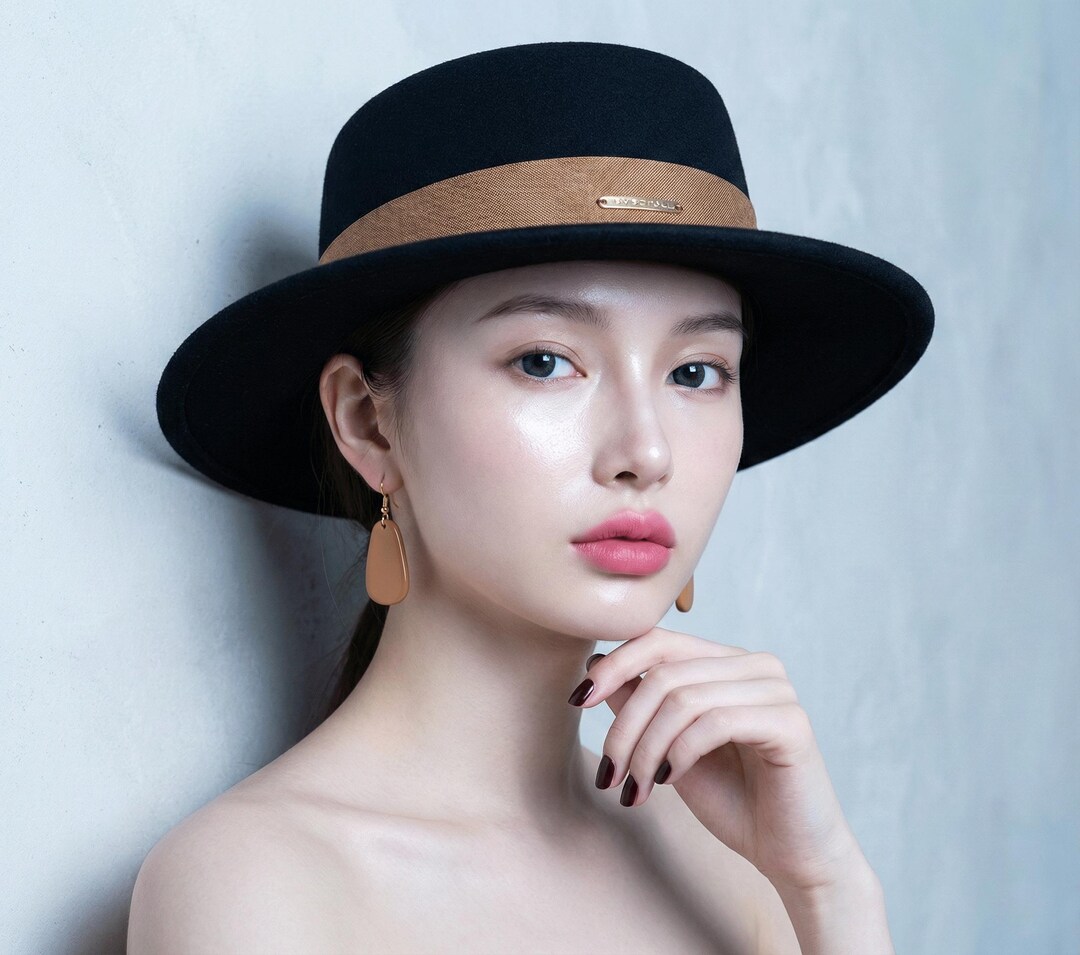 Stiff Ribbon Hat Beige Wool Felt Boater Hat, Wide Flat Brim Fedora With Ribbon, Western ...