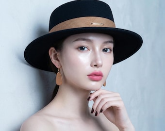 Beige Wool Felt Boater Hat, Wide Flat Brim Fedora with Ribbon, Western Rancher Hat for Women, Stiff Brim Gambler Hat, Fall Fashion Gift