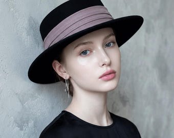 Black Bolero Hat Women | Flat Top Boater Hat | Stiff Wide Brim Wool Felt Hat | Spanish Cordobes Style | Elegant Pleated Band