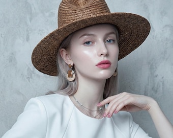 Brown Straw Sun Hat for Women - Wide Brim Woven Summer Hat - Coastal Cowgirl Fedora - Breathable BohoBeachHatforVacation&Travel-UVProtection