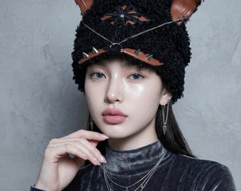Cyber Goth Furry Ear Hat with Chains & Studs, Alt Fashion Black Faux Fur Beanie, Y2K Grunge Aesthetic Animal Ear Cap, Punk Rock FestivalWear