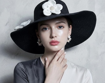 Elegant Black Straw Sun Hat with White 3D Flowers - French Chic Wide Brim Beach Hat for Women - Luxury Summer Vacation Accessory
