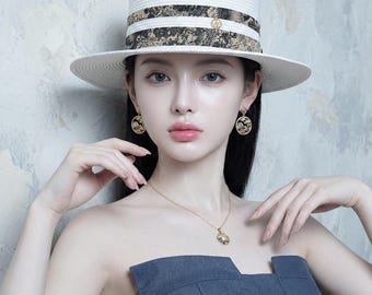 Straw Boater Hat for Women with Vintage Floral Ribbon - Elegant White Sun Hat forKentuckyDerby, GardenParty&BeachWedding-FrenchStyleCanotier