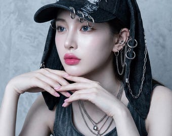 Y2K Distressed Denim Bunny Ear Hat with Metal Rings - Punk Grunge Aesthetic Long Ear Baseball Cap - Cyberpunk Harajuku Streetwear